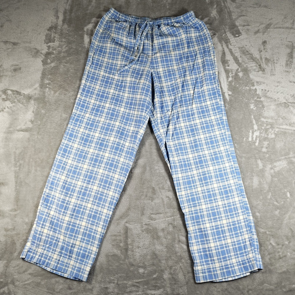 LL Bean Pajama Pants Womens Small Blue White Plaid Preppy Baggy Cottage